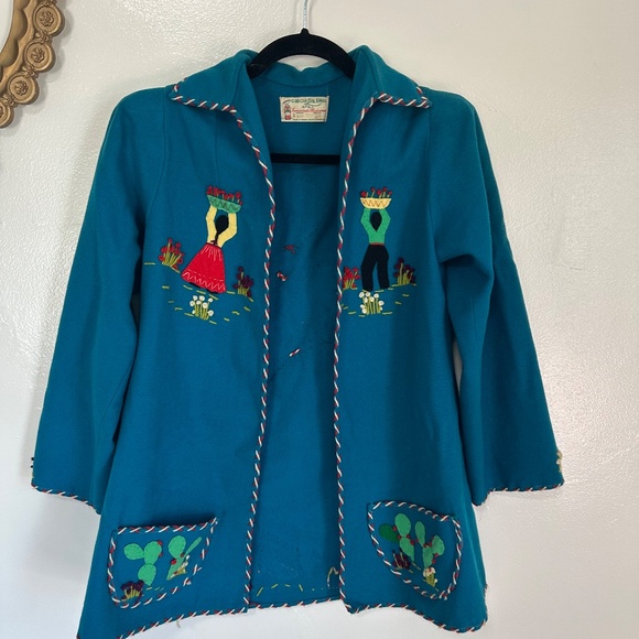 Vintage 1940s Felt Wool Mexican Tourist Jacket, Embroidered, Turquoise, XS - Picture 1 of 11